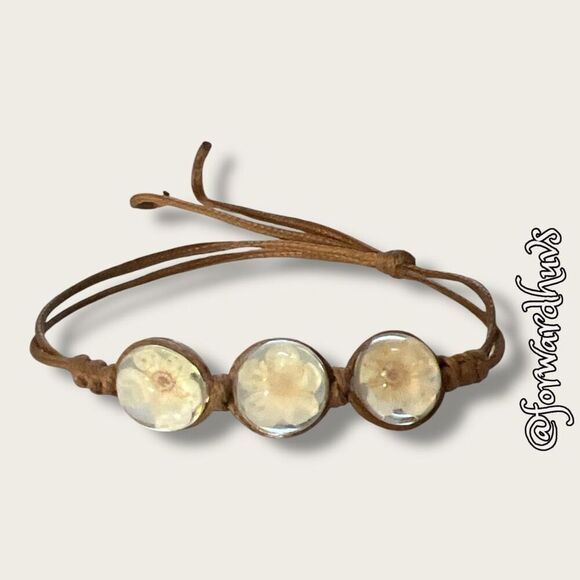 Bundle Sale 3 for $15 | Leather Adjustable Bracelet with Glass-Encased Flowers - Picture 1 of 8